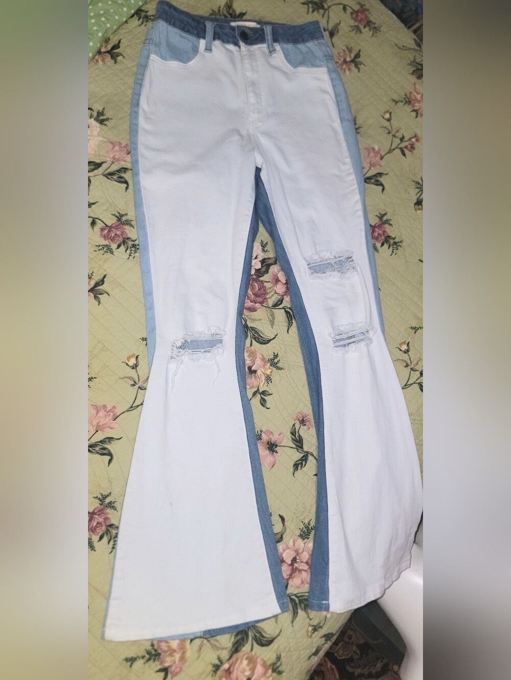 AP BLUE by Aphrodite high rise bells in color block white & 2 tone blue distress